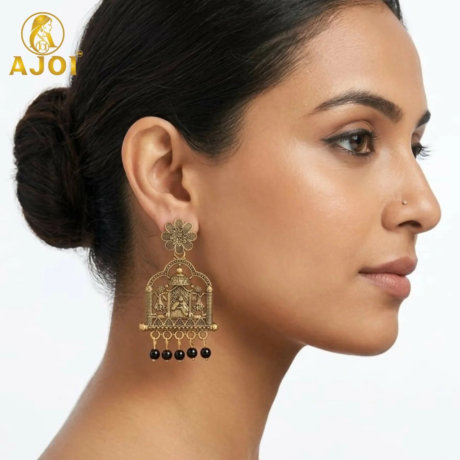 Antique Temple Radha Krishna Earrings – Elegant Black Beads for Festive Wear - Image 2