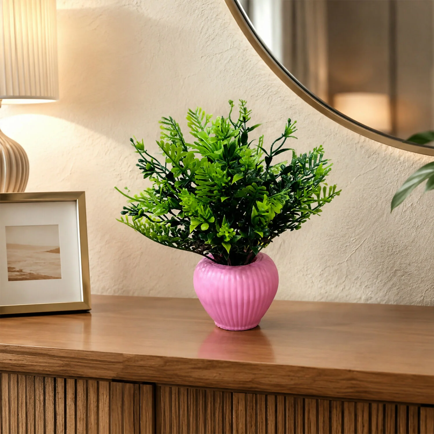 Artificial Green Leaf Plant with Pink Pot for Home Decor & Tabletop Styling - Image 2