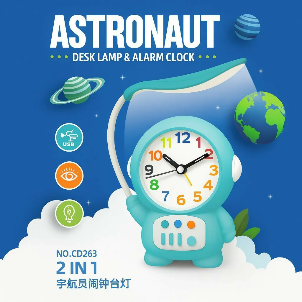Astronaut Desk Lamp – Cute Kids Study Table Light with Alarm Clock - Image 5