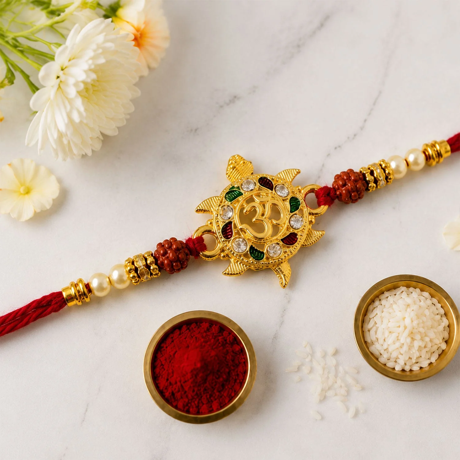 Rakhi for Brother – Elegant Golden Tortoise Om Design with Rudraksha - Image 4