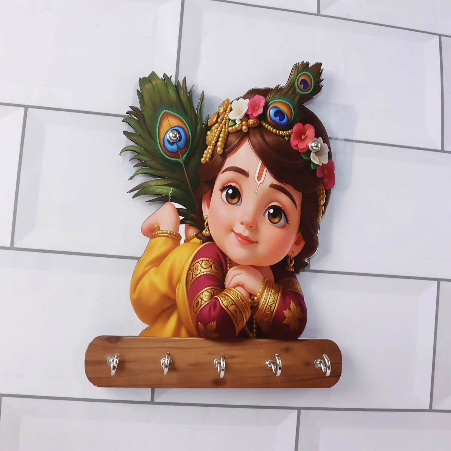 Baby Krishna Key Holder – 5 Hooks with Self Adhesive Design - Image 4