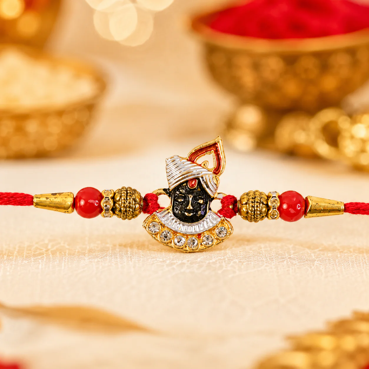 Rakhi for Brother – Elegant AD Stones & Red Beads Design - Image 6