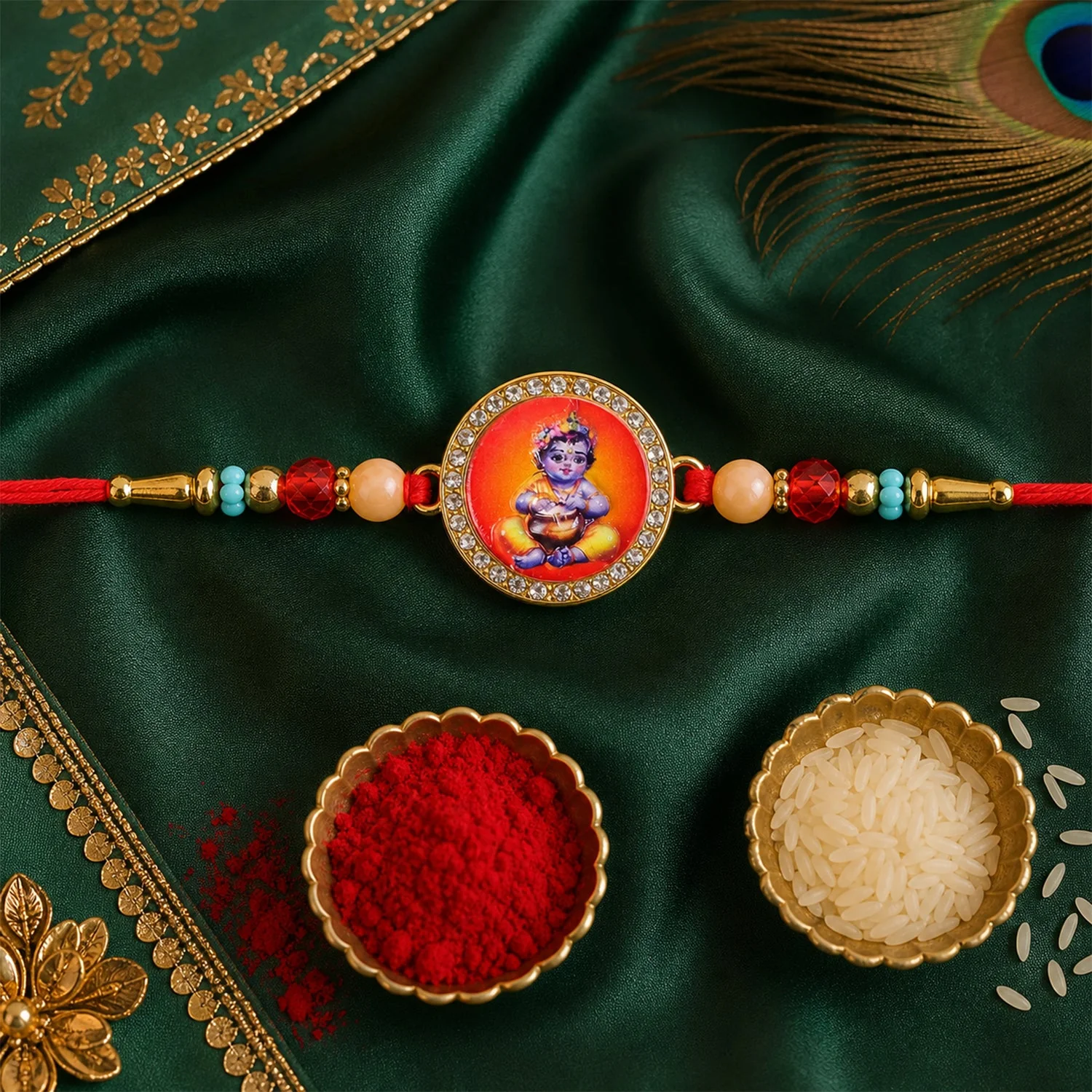 Bal Krishna Photo Round Beaded Premium Designer Traditional Rakhi for Brother - Image 3