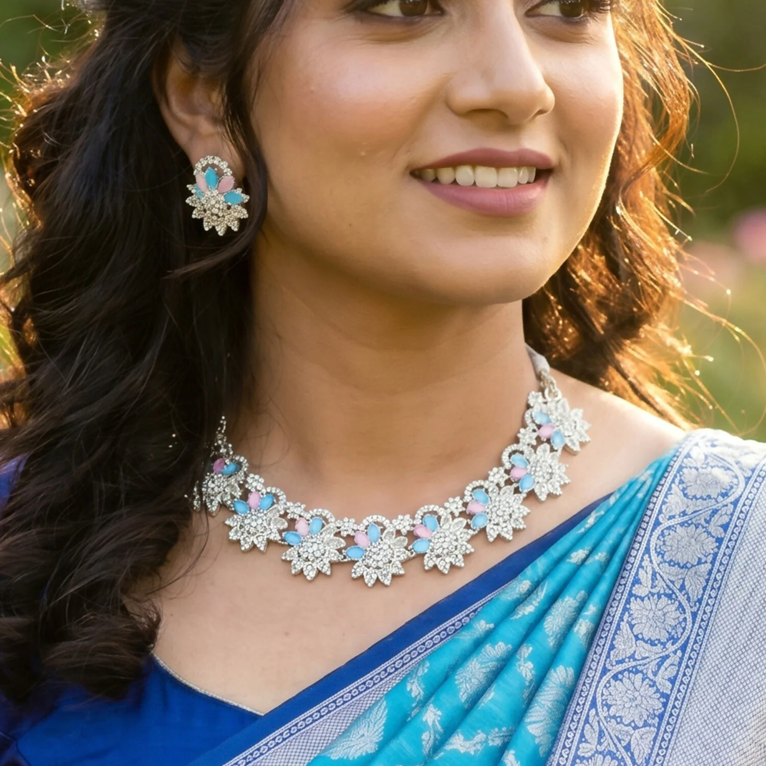 Floral Necklace Set – Vibrant Blue & Pink with Matching Earrings - Image 5