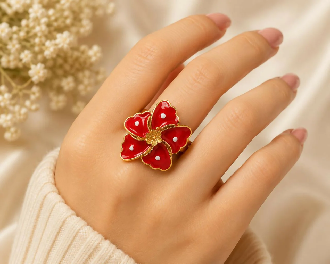 Beautiful Red Flower Ring for Women | Stylish Fashion Jewelry Gift - Image 3