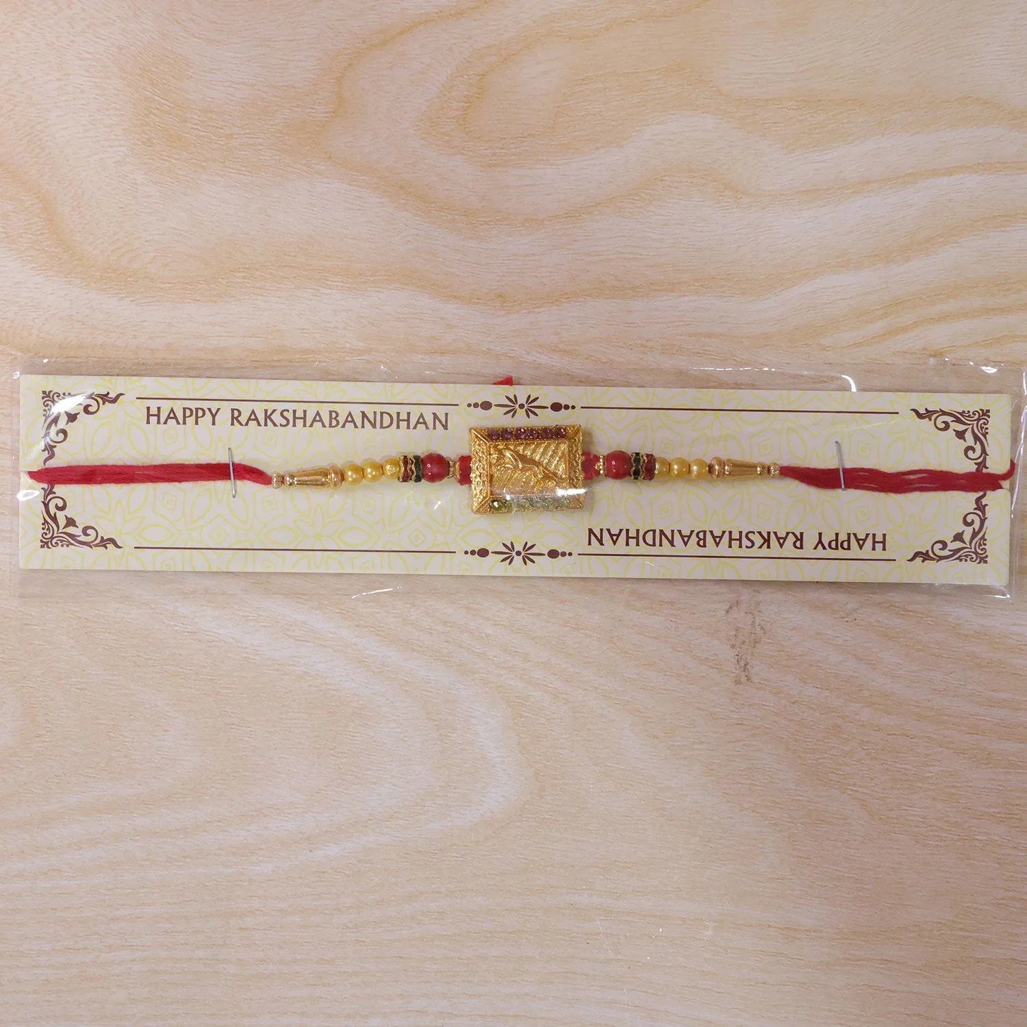 Traditional Golden Rectangle Rakhi with Stone Detail Rakhi for Brother - Image 6