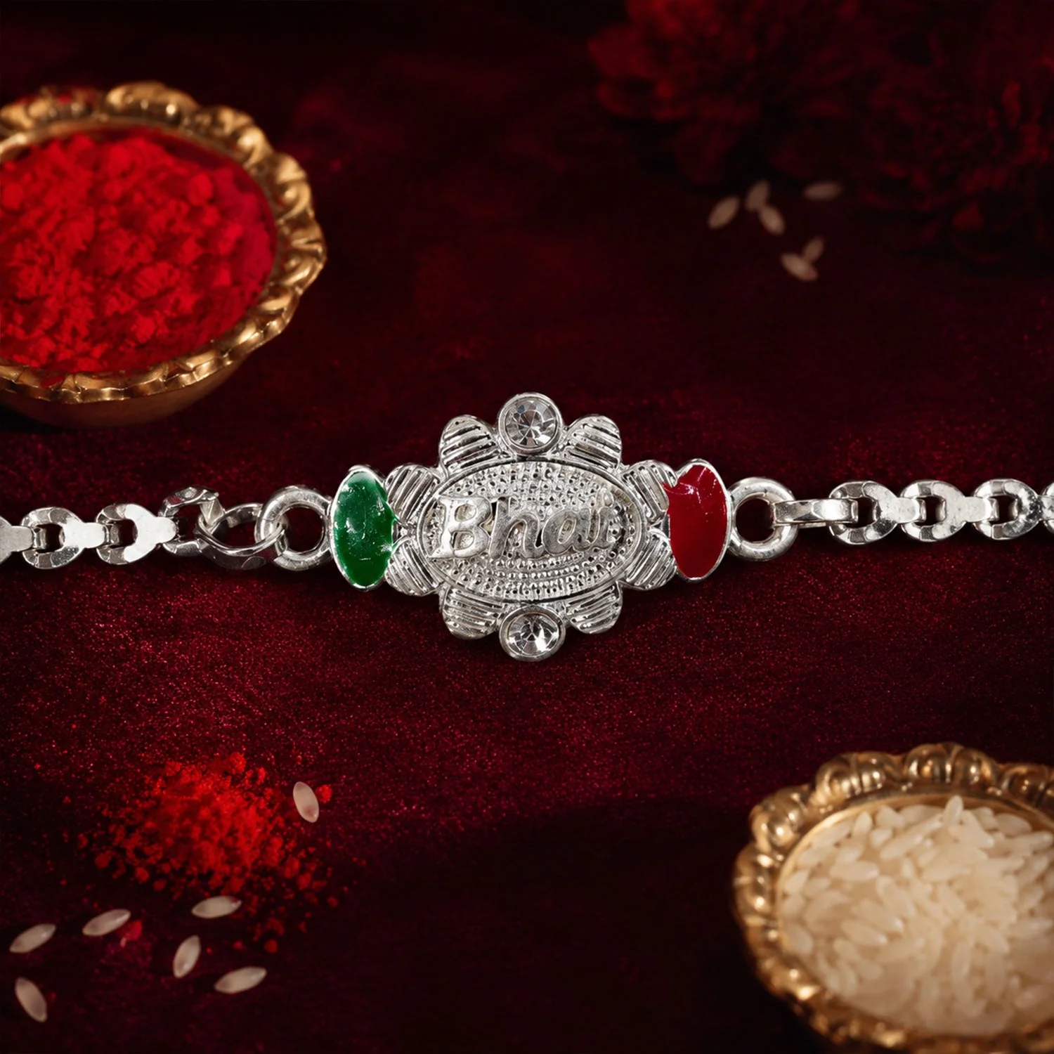 Bhai Written Oval Meenakari Stone-Studded Chain Rakhi for Brother - Image 3