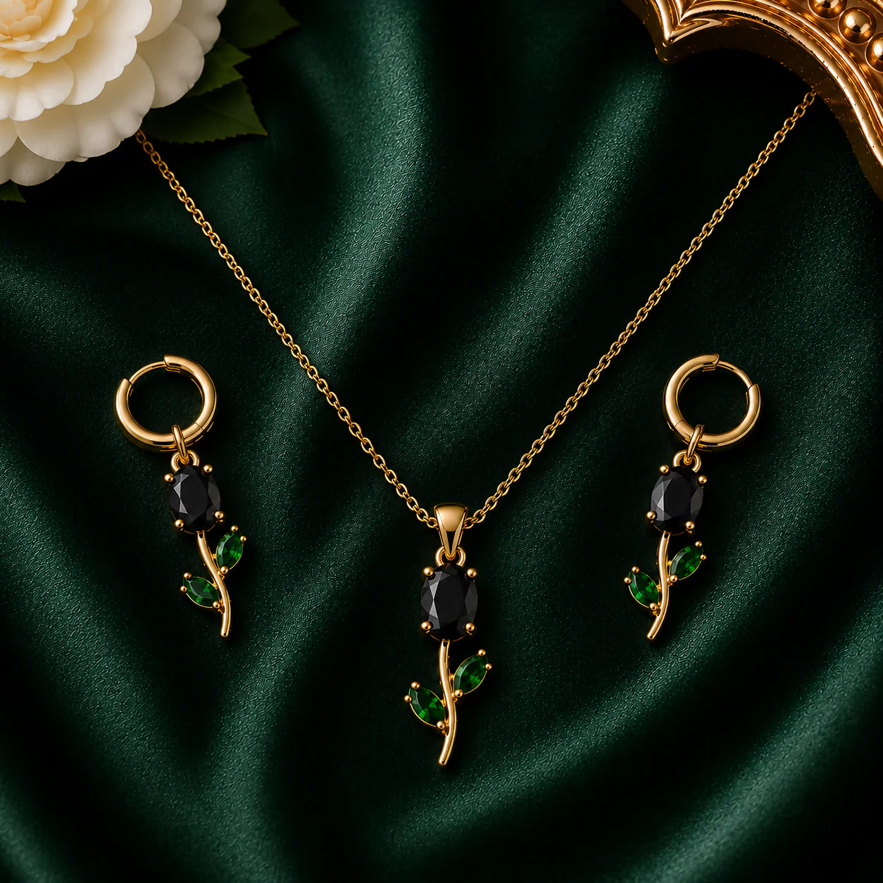 Gold-Plated Necklace Set for Women – Black Stone Green Leaf Design - Image 2