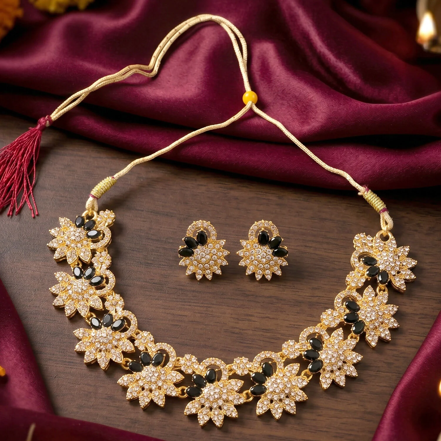 Black Stones Floral Necklace & Earrings Set – Elegant & Timeless - Image 2