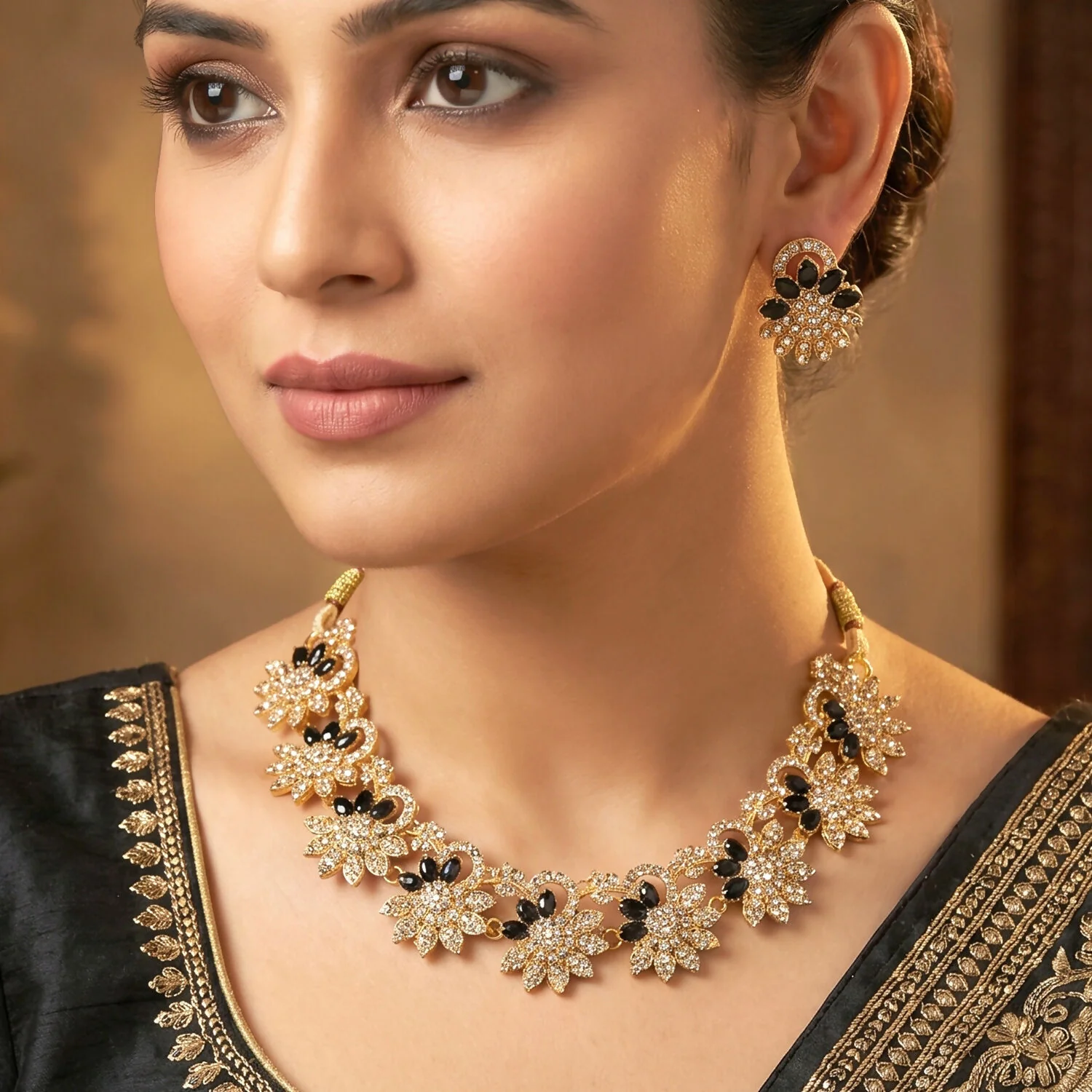 Black Stones Floral Necklace & Earrings Set – Elegant & Timeless - Image 3