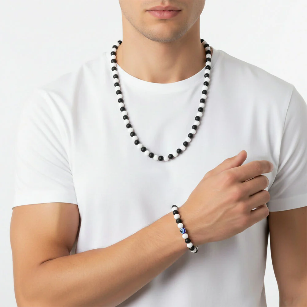 Black & White Beads Necklace with Evil Eye Bracelet Combo – Stylish Protection - Image 4
