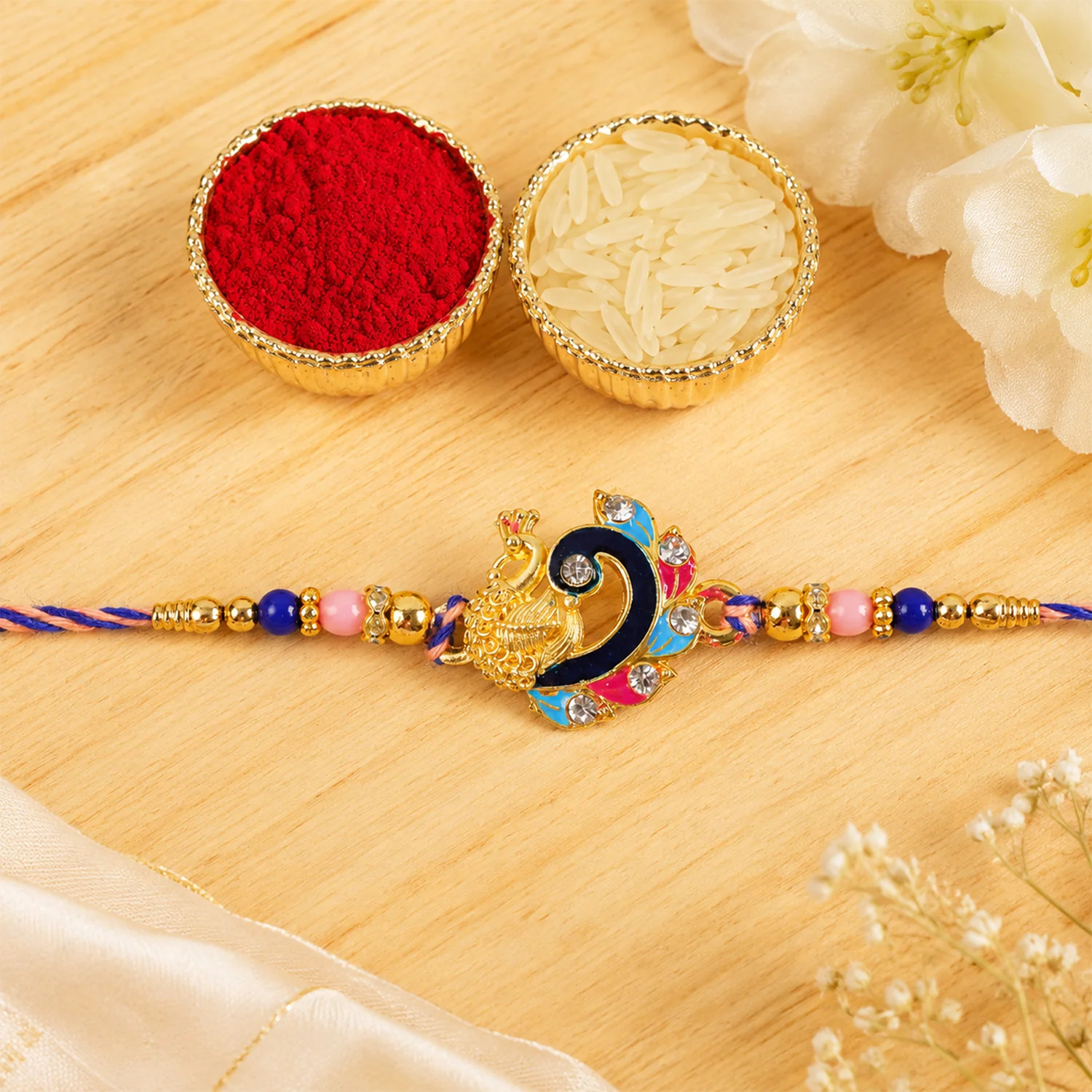 Blue Enamel Peacock Charm Rakhi – Elegant Design for Brothers - Image 4