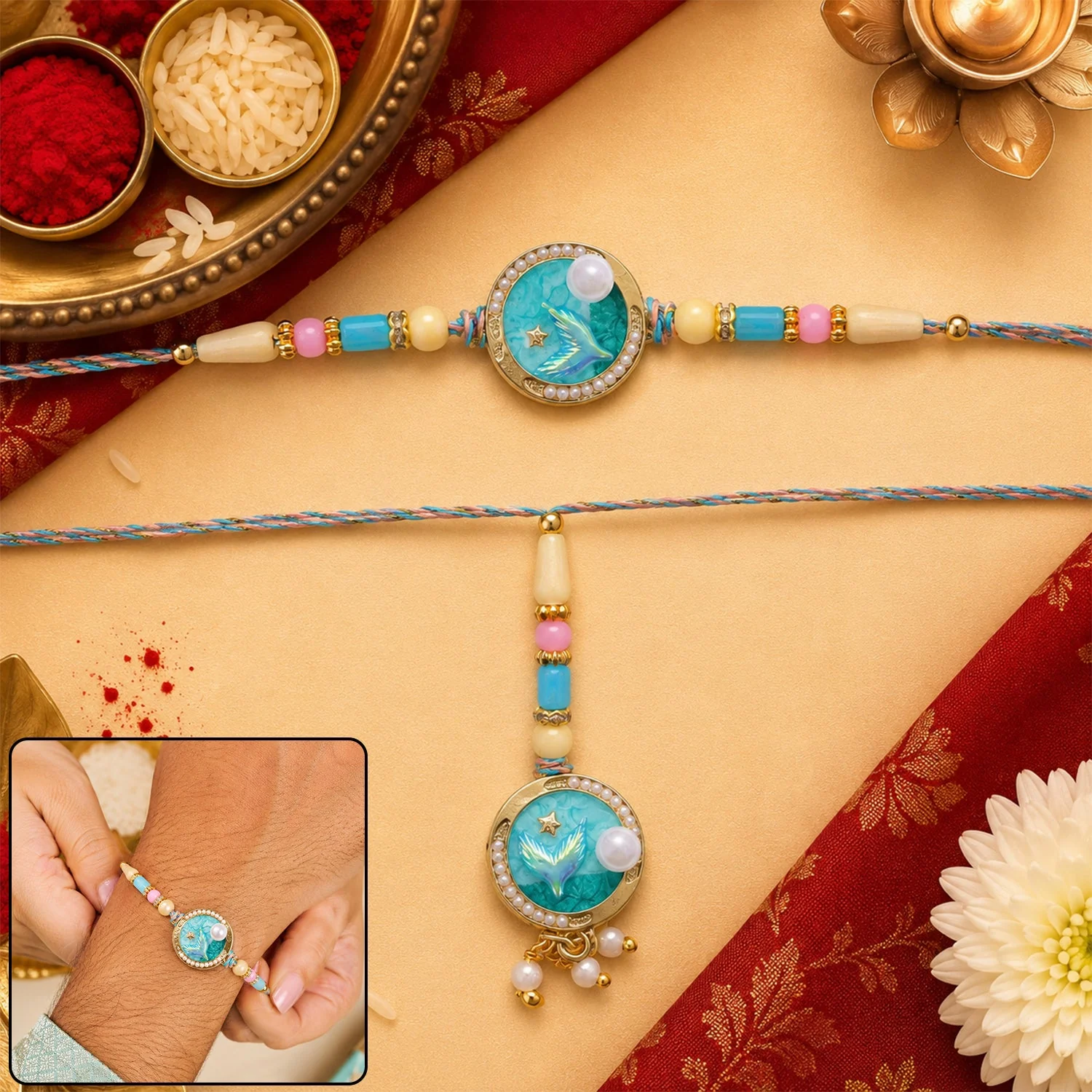 Blue Floral Kundan Pearls Lumba Rakhi for Bhabhi – Elegant Festive Design