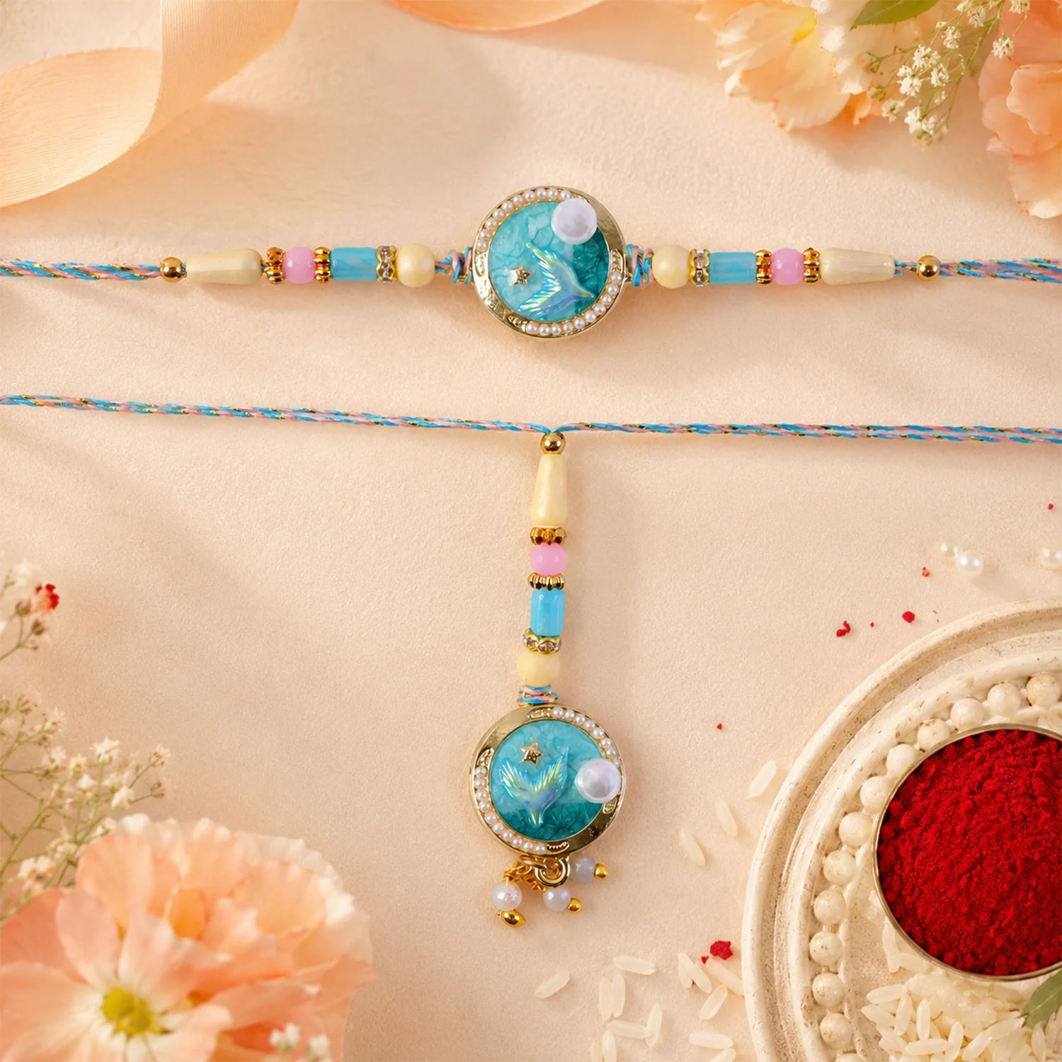 Blue Floral Kundan Pearls Lumba Rakhi for Bhabhi – Elegant Festive Design - Image 3