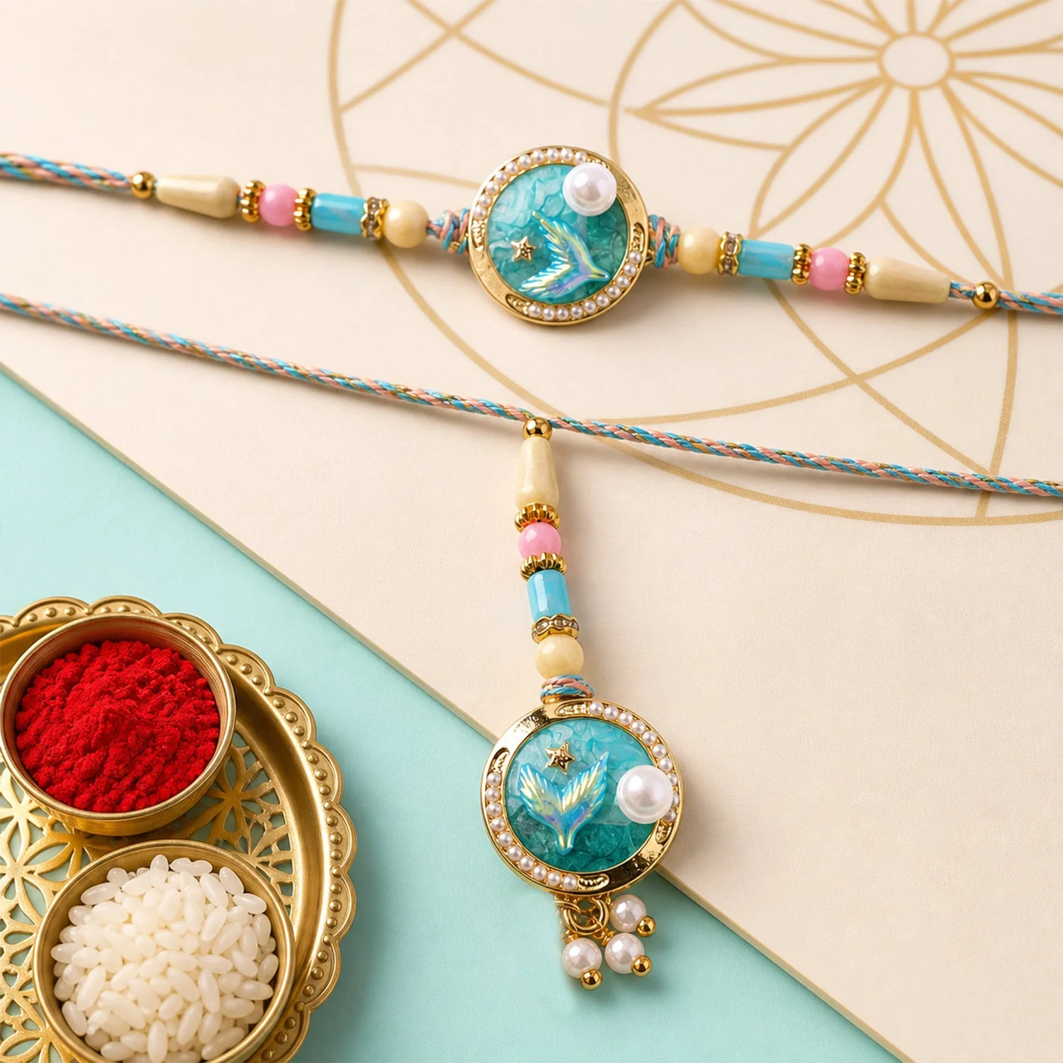 Blue Floral Kundan Pearls Lumba Rakhi for Bhabhi – Elegant Festive Design - Image 4