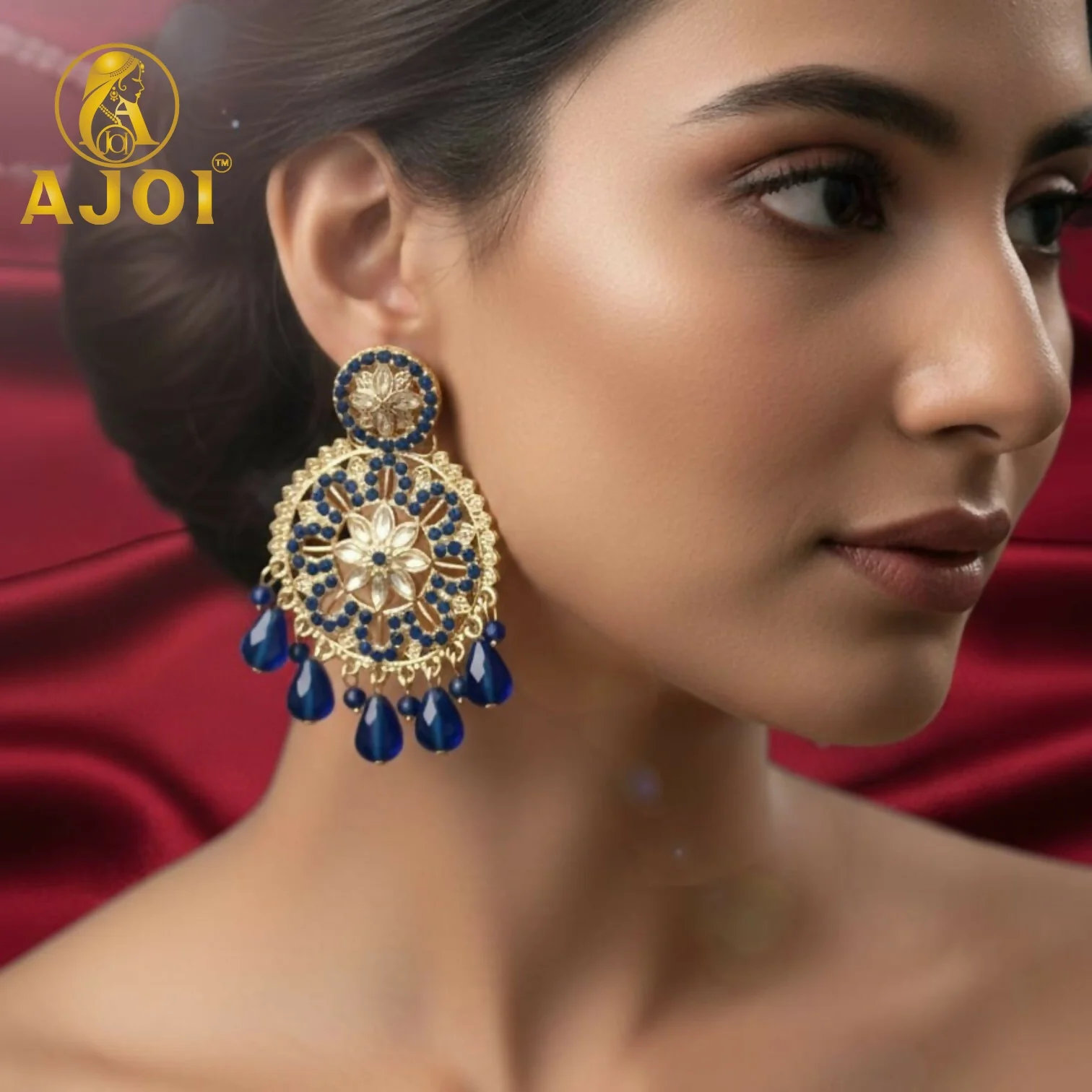 Blue Floral Statement Earrings – Elegant royal blue design for special occasions - Image 2