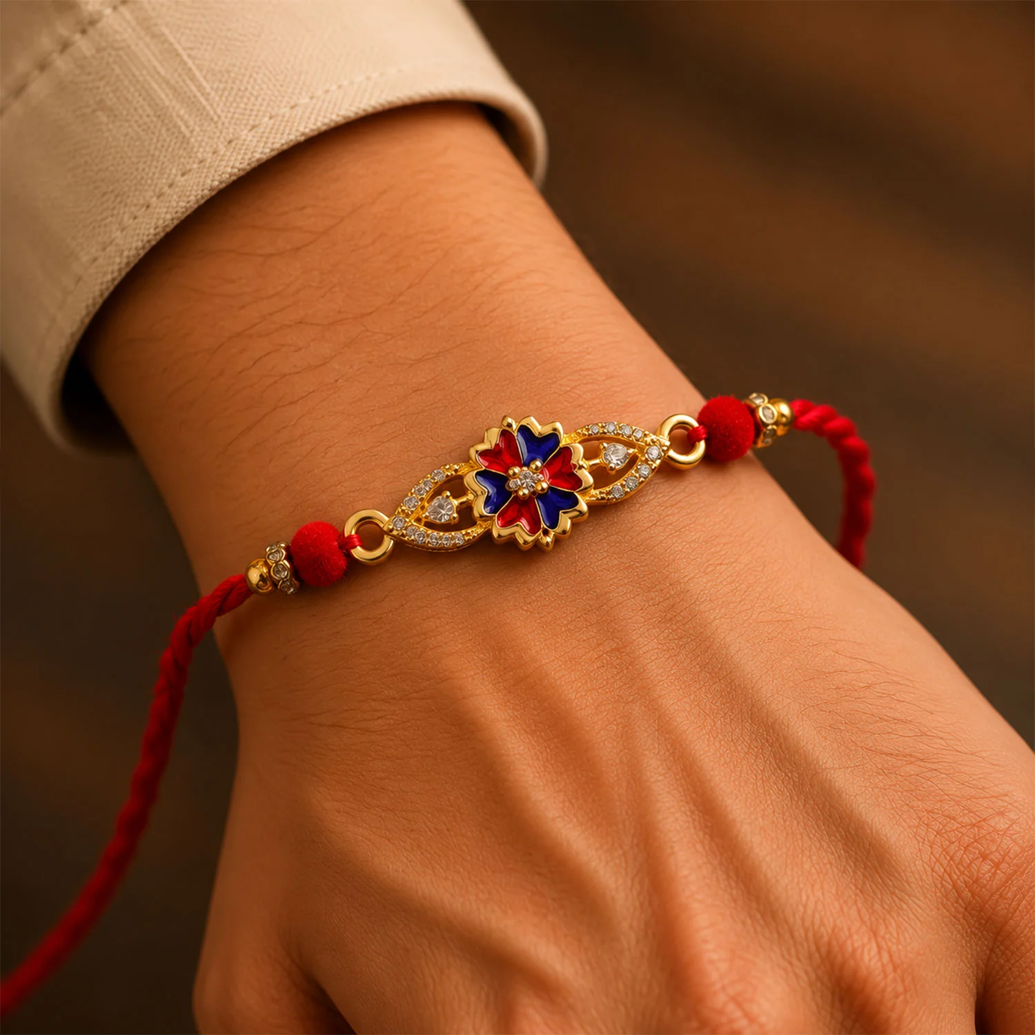 Blue & Red Meenakari Floral Designer Rakhi for Brother, AD Stones Gift - Image 4