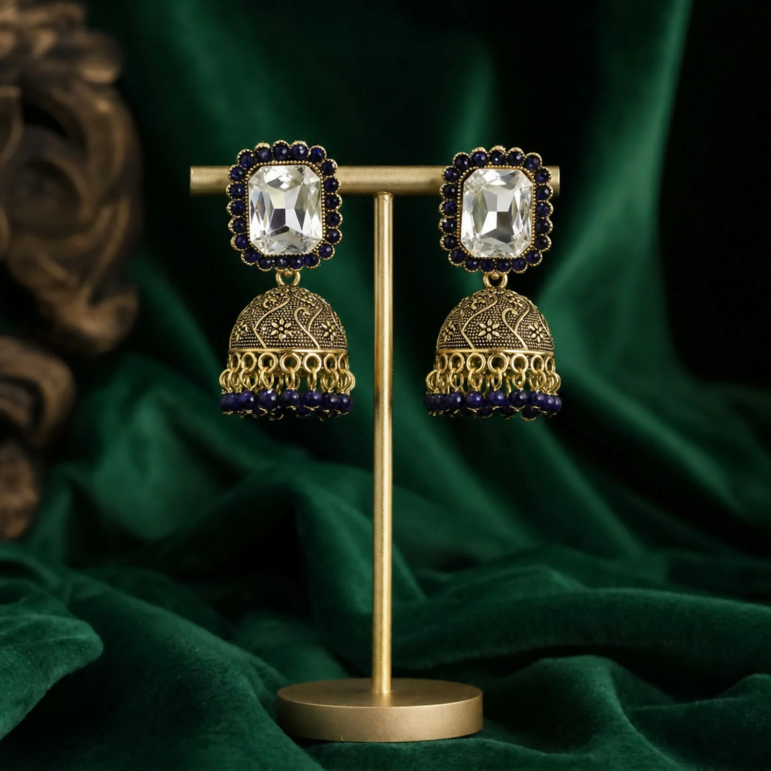 Blue Stone Jhumka Earrings – Elegant Traditional Design for Festive Wear - Image 2