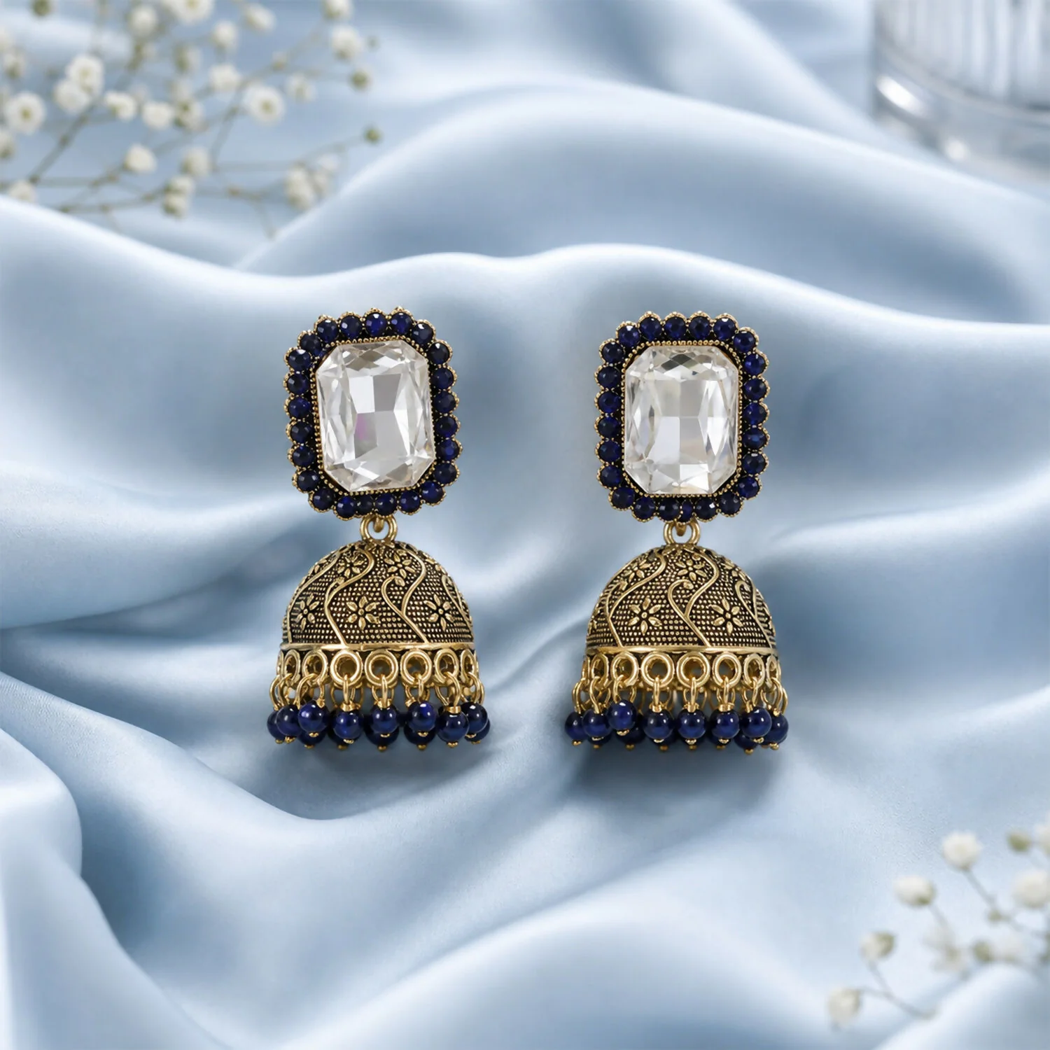 Blue Stone Jhumka Earrings – Elegant Traditional Design for Festive Wear - Image 4