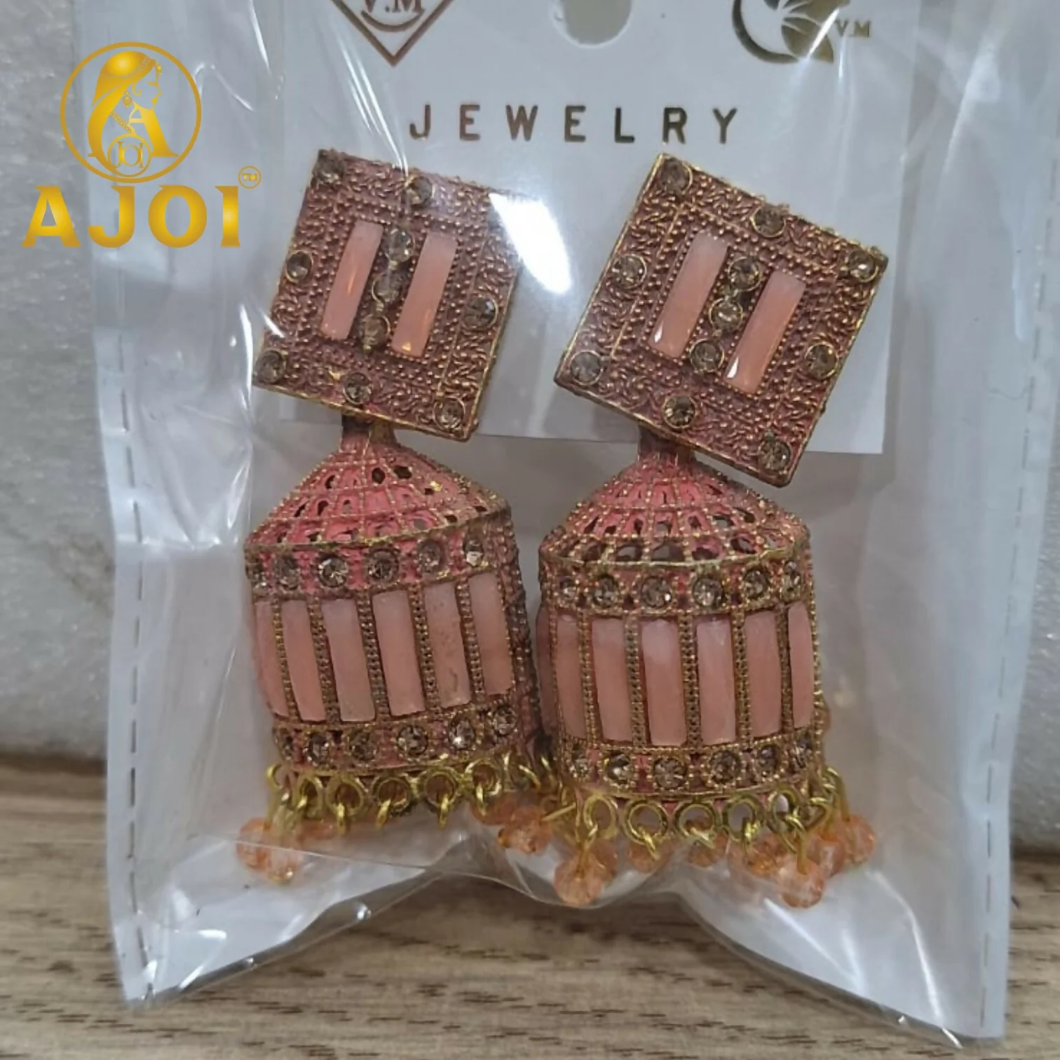 Blush Pink Designer Jhumka Earrings – Elegant Stone Detailing - Image 5