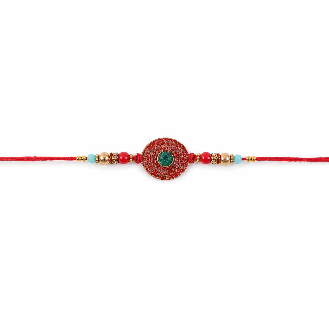 Bohemian Turquoise Red Beaded Disc Rakhi – Elegant Traditional Design - Image 5