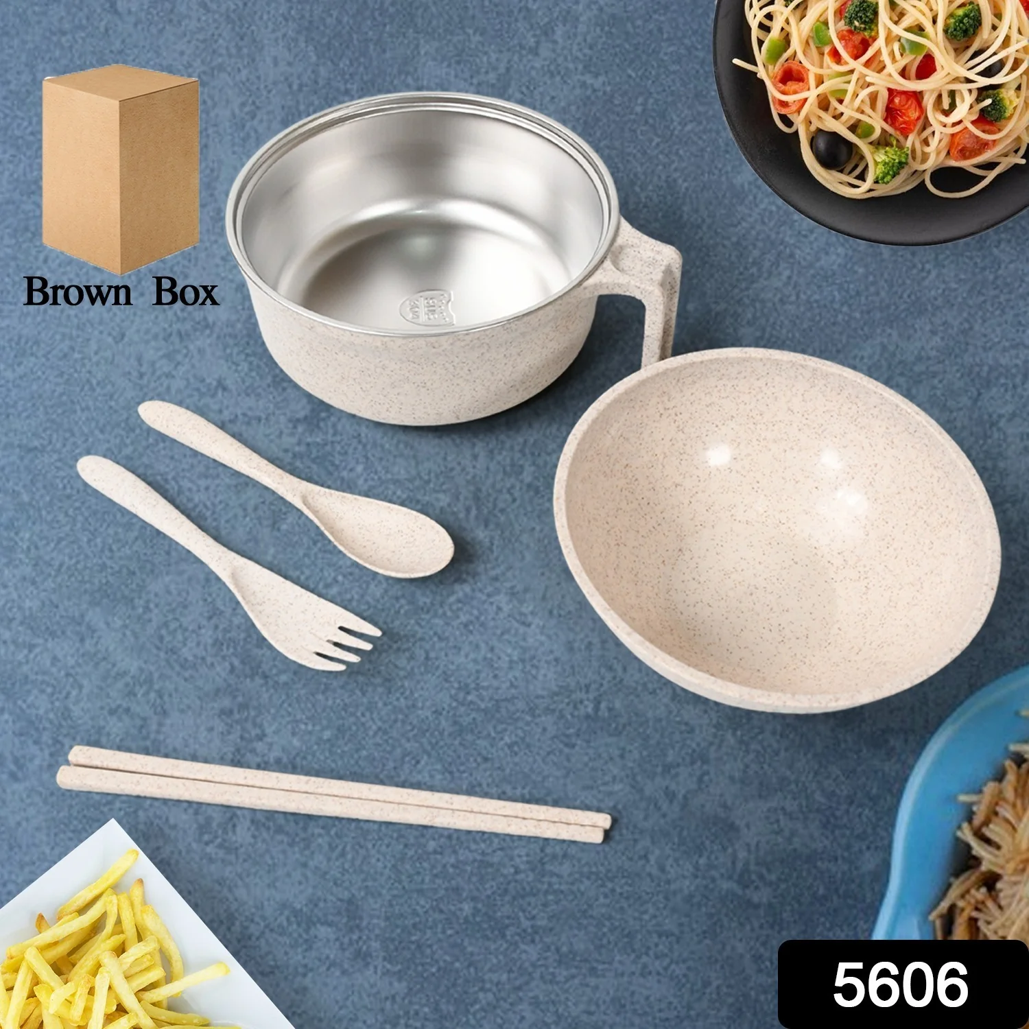 Wheat Straw Rice Bowl Set – 6 Pcs, Lid & Cutlery | Jiaqi - Image 2