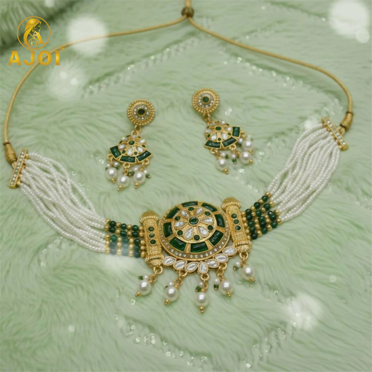 Green Kundan Pearl Necklace with Earrings – Elegant Bridal Choker - Image 4