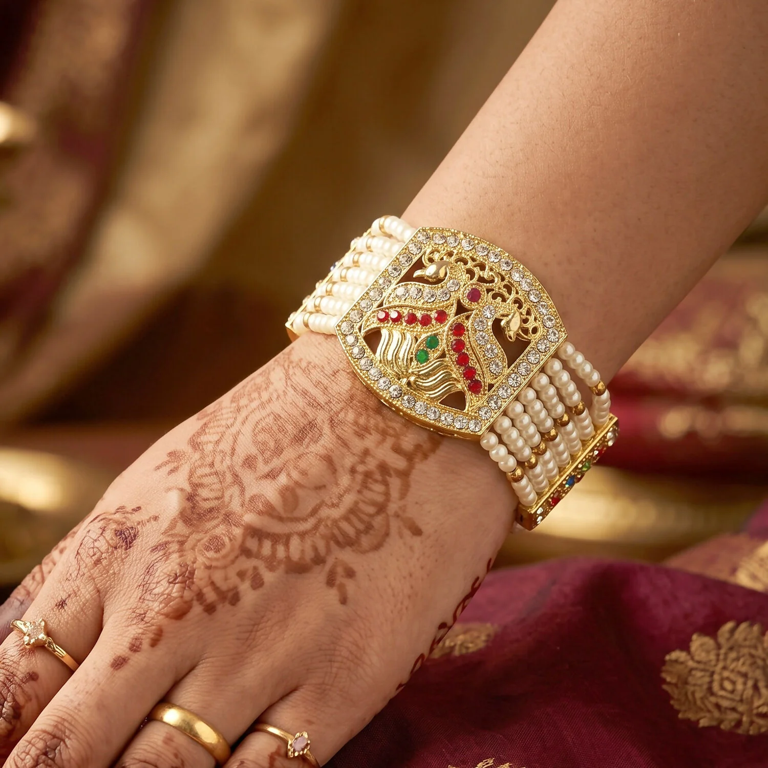 Pearl & Gold Bridal Bracelet – Elegant Floral Design with Stones - Image 3