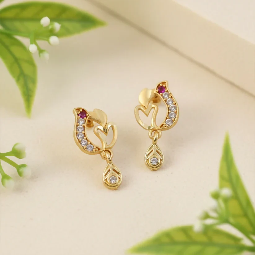 Gold Heart Drop Earrings – Elegant Ruby & Crystal Accents - Image 2