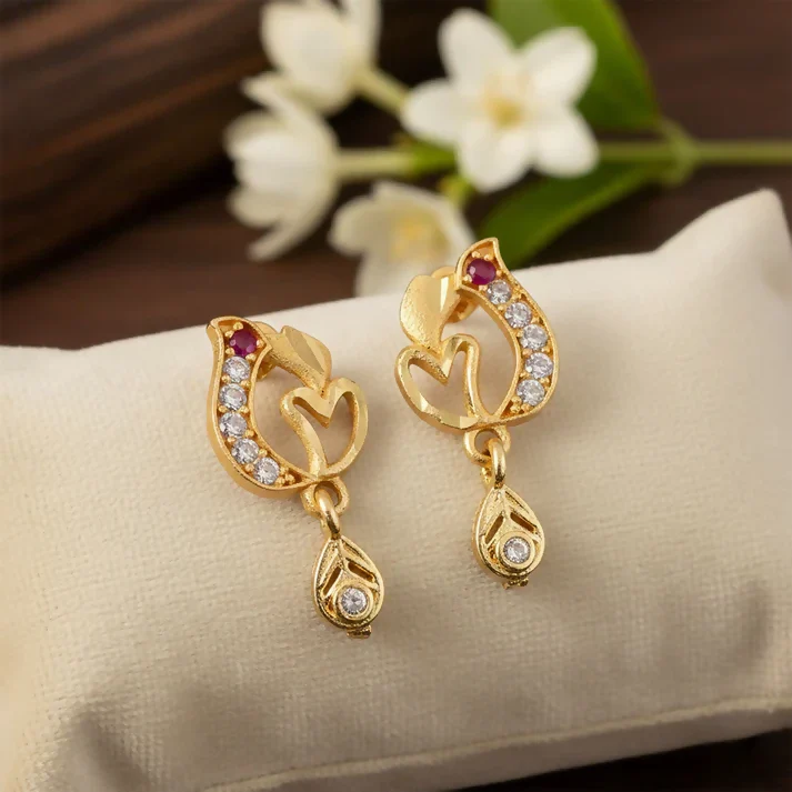 Gold Heart Drop Earrings – Elegant Ruby & Crystal Accents - Image 4