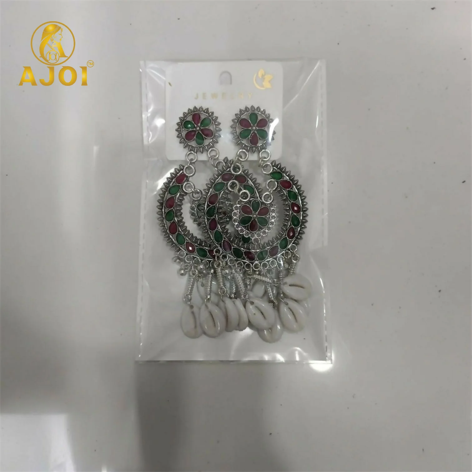 Antique Silver Chandbali Earrings – Floral Meenakari & Cowrie Shells - Image 5