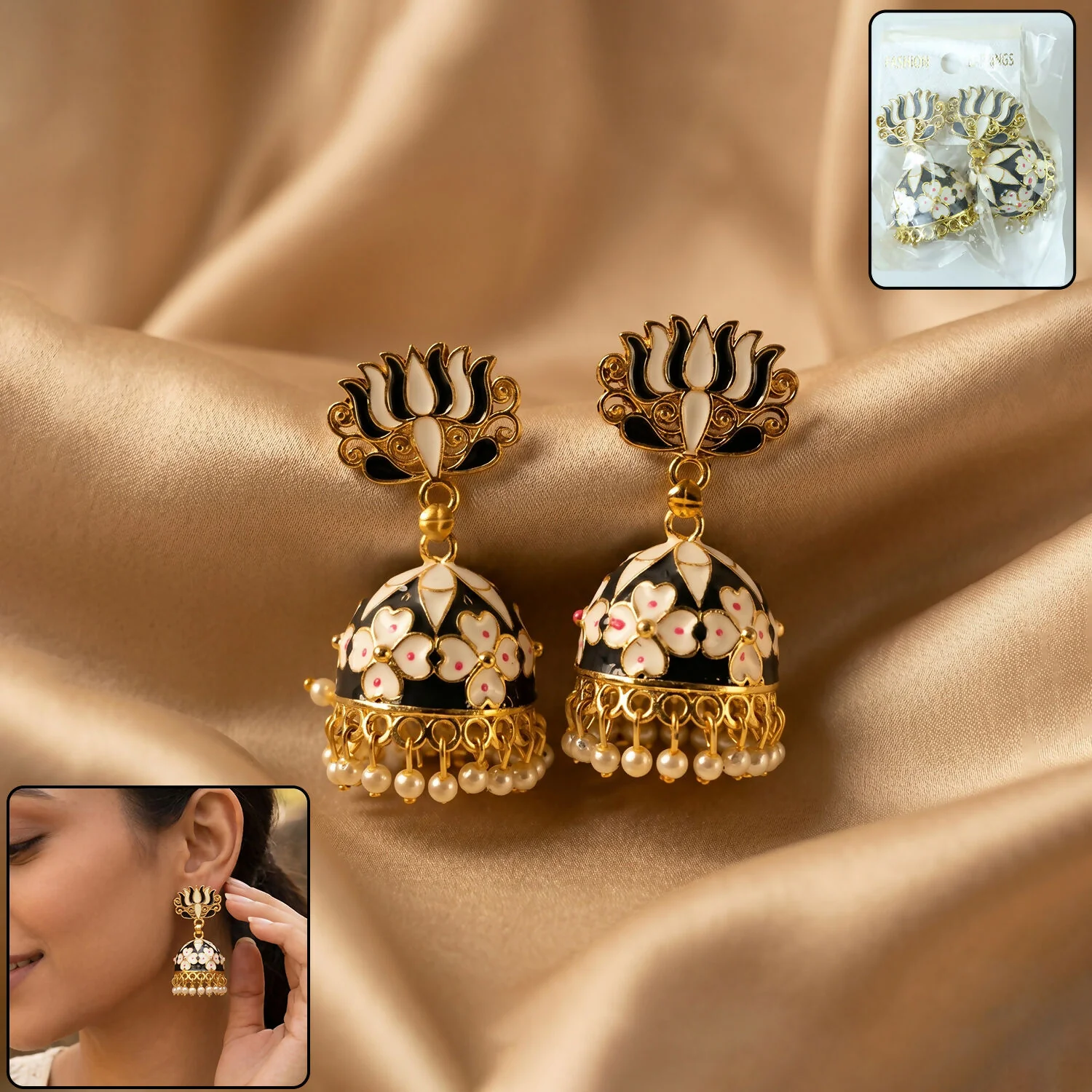Grey Lotus Jhumka Earrings – Elegant Pearl-Accented Design