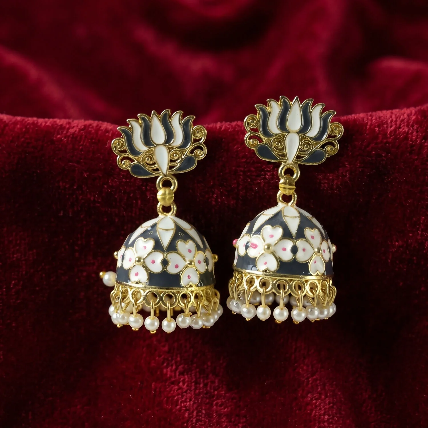 Grey Lotus Jhumka Earrings – Elegant Pearl-Accented Design - Image 2