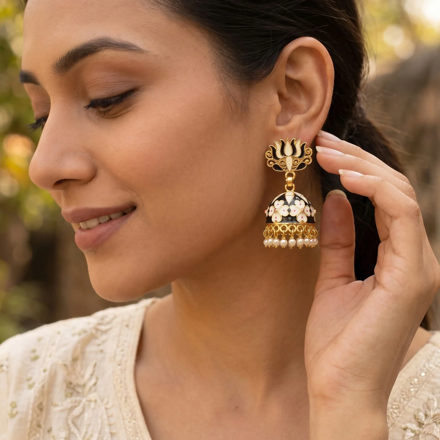Grey Lotus Jhumka Earrings – Elegant Pearl-Accented Design - Image 3