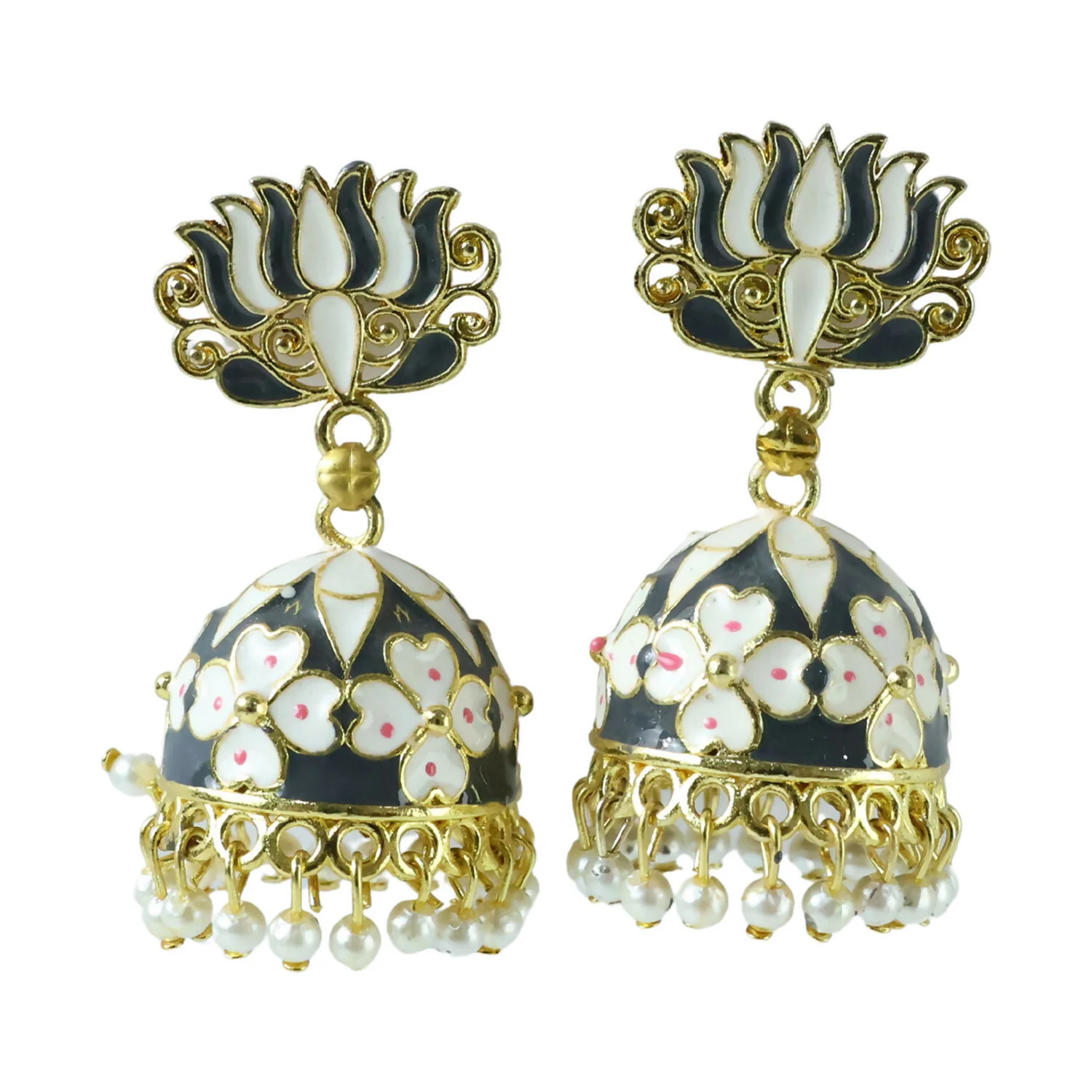 Grey Lotus Jhumka Earrings – Elegant Pearl-Accented Design - Image 4