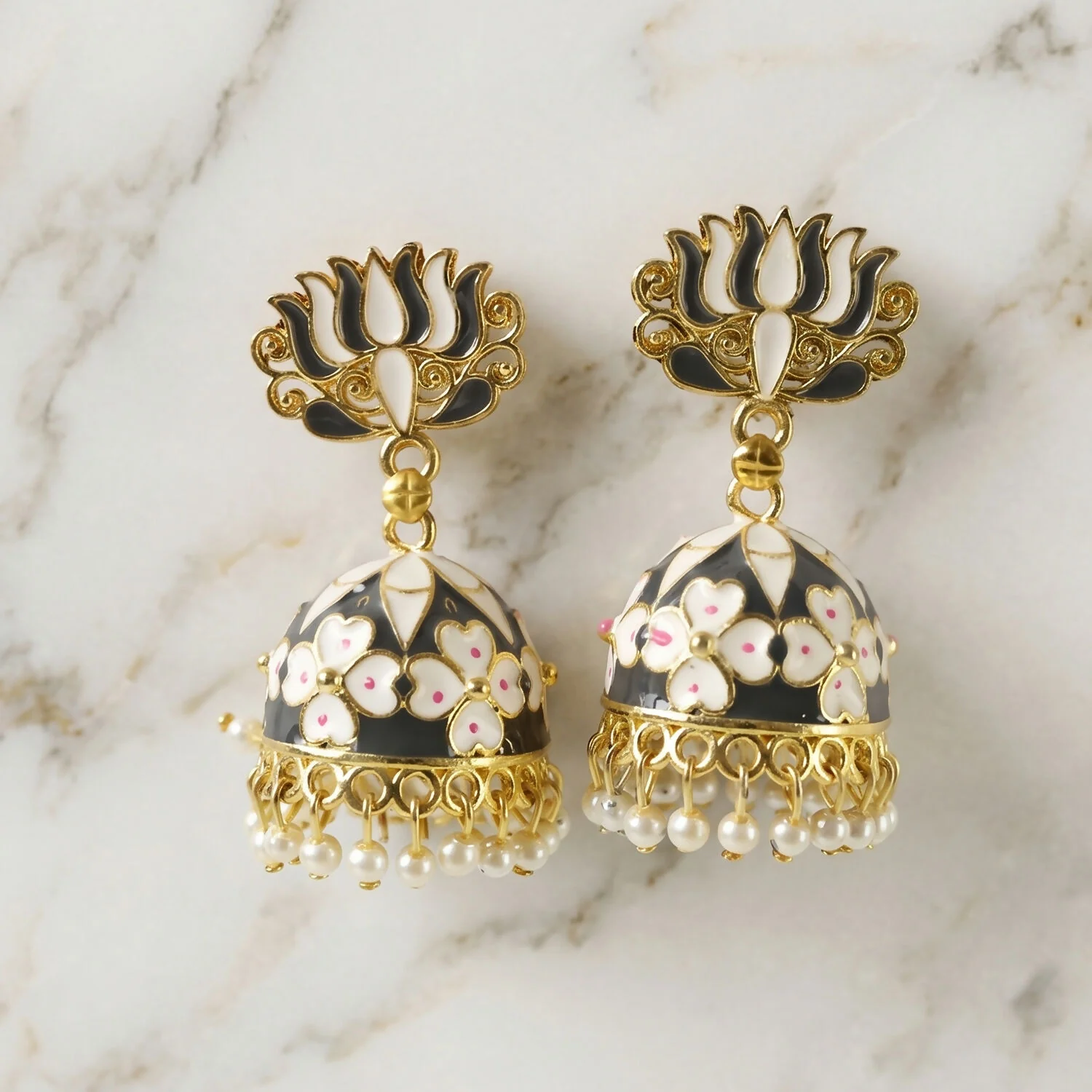 Grey Lotus Jhumka Earrings – Elegant Pearl-Accented Design - Image 5