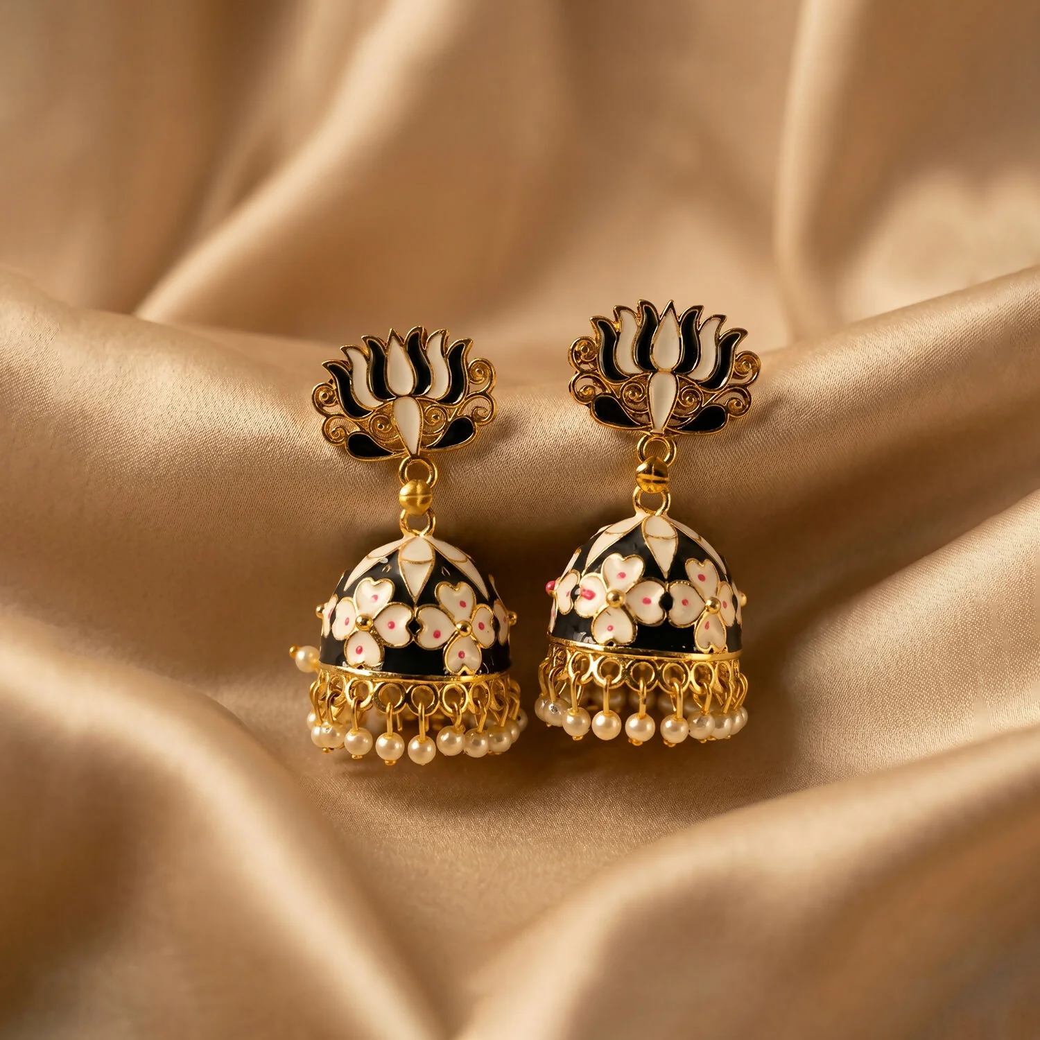 Grey Lotus Jhumka Earrings – Elegant Pearl-Accented Design - Image 6