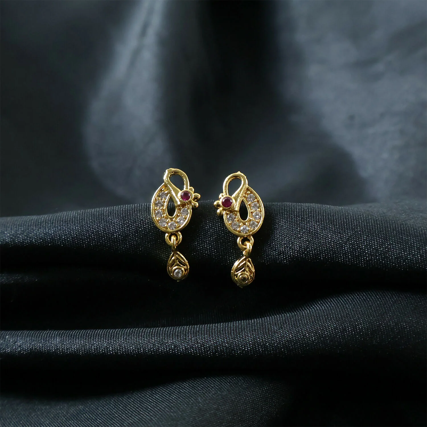 Gold Finish Earrings with Crystal & Red Stone Detailing – Elegant Style - Image 3