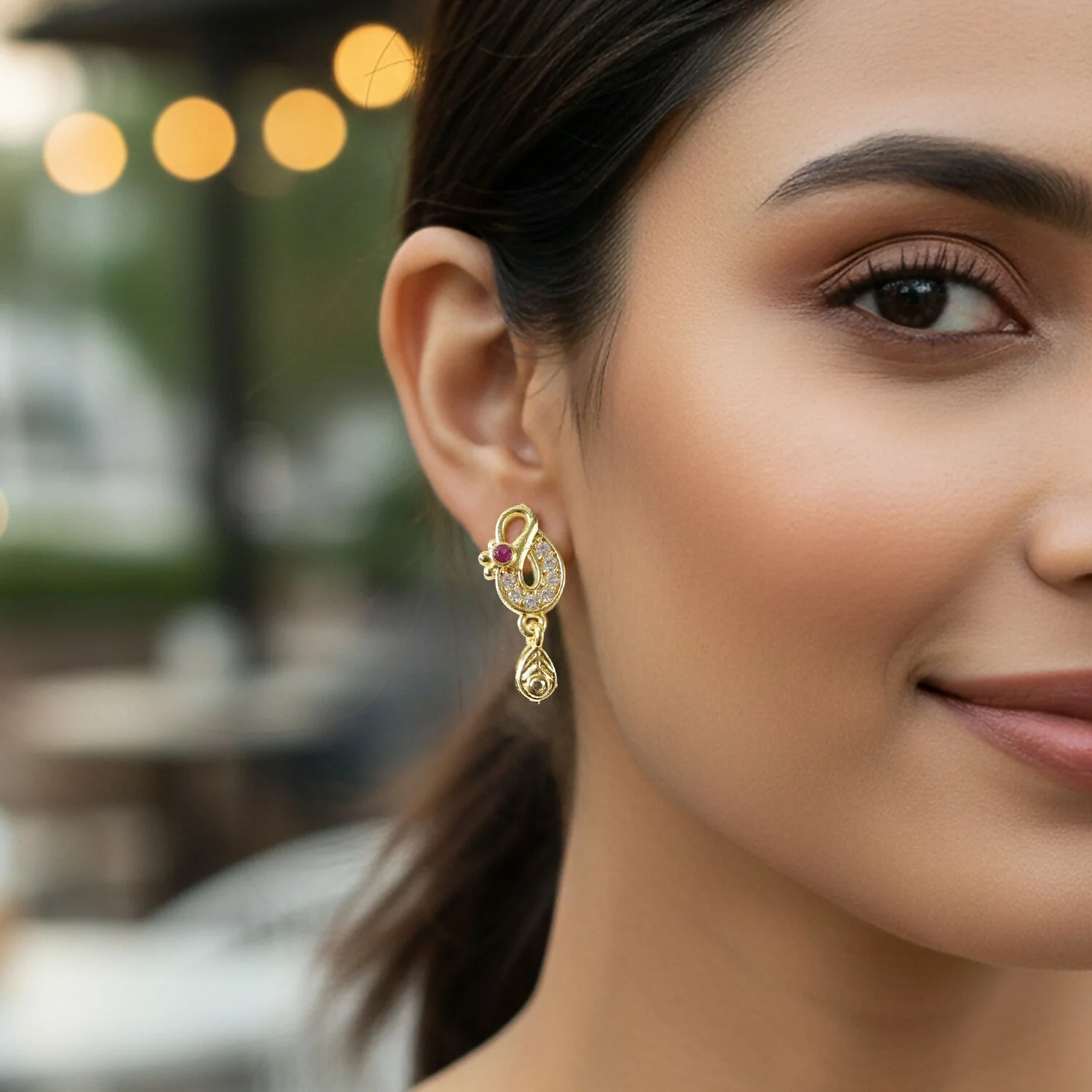 Gold Finish Earrings with Crystal & Red Stone Detailing – Elegant Style - Image 4