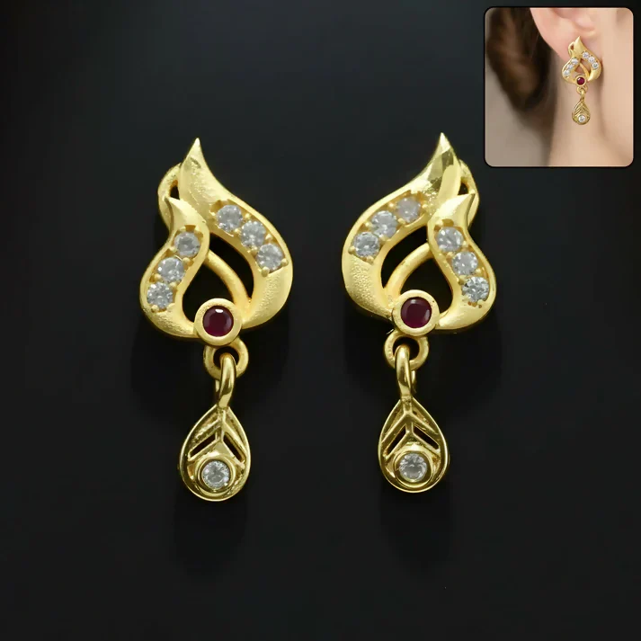 Gold Tone Leaf Earrings with Ruby Accent and Hanging Drop - Image 2