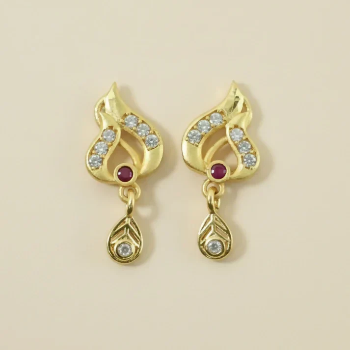 Gold Tone Leaf Earrings with Ruby Accent and Hanging Drop - Image 5