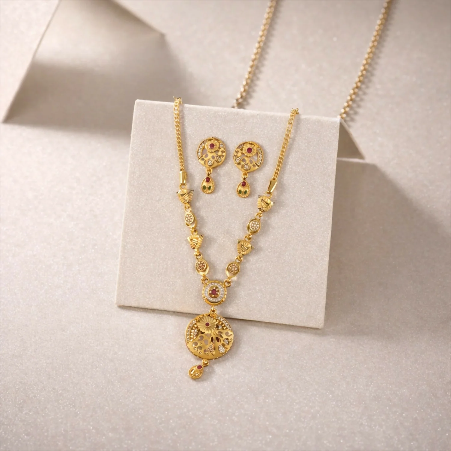 Gold-Tone Floral Pendant Necklace Set – Elegant & Lightweight Jewelry - Image 4