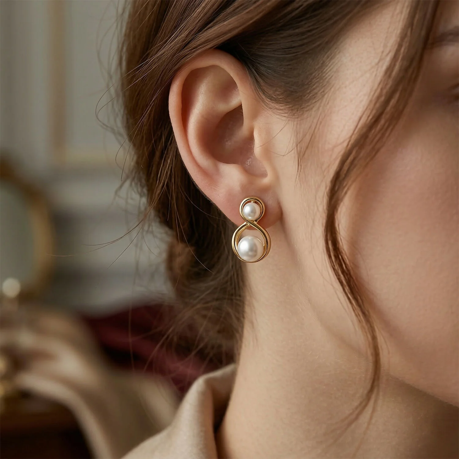 Korean Pearl Stud Earrings – Elegant Infinity Design - Image 5