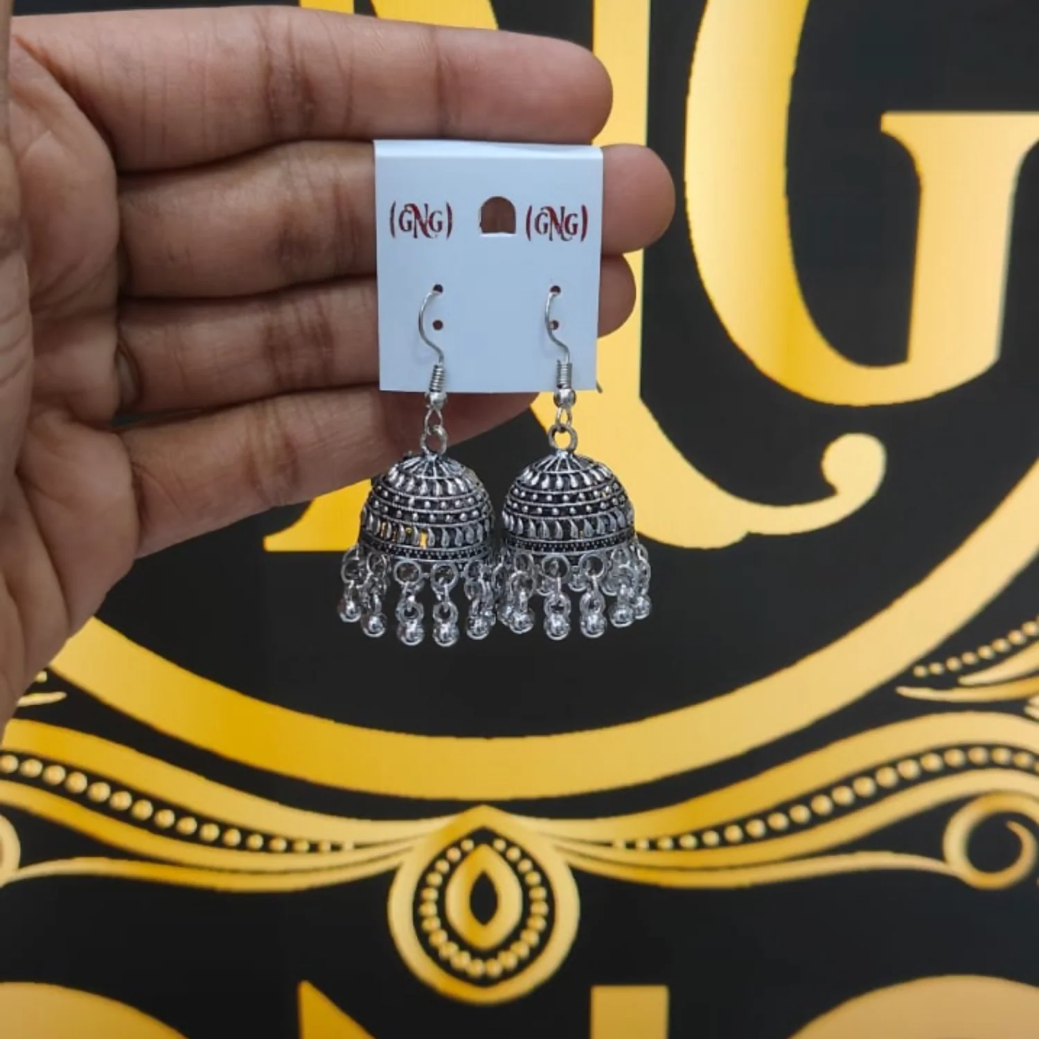 Oxidised Silver Hook Jhumka Earrings – Lightweight Traditional Charm - Image 4