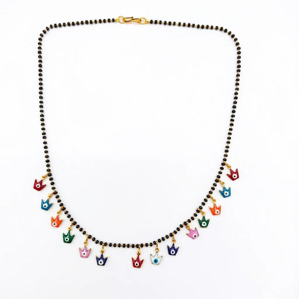 Colorful Evil Eye Charm Black Beaded Mangalsutra Necklace with Gold Finish - Image 4