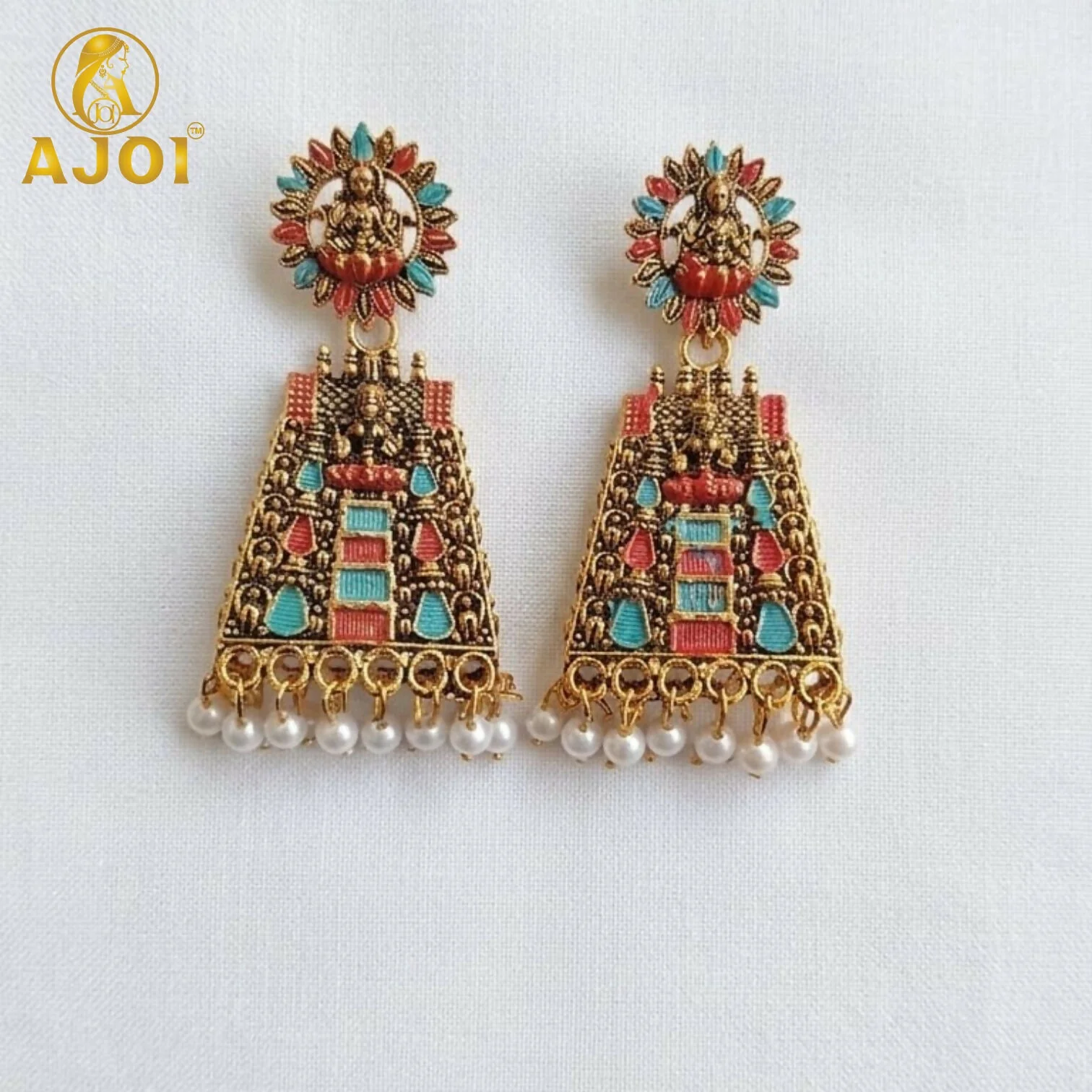 Colorful Lakshmi Temple Pearl Earrings – Ethnic Festive Jewelry