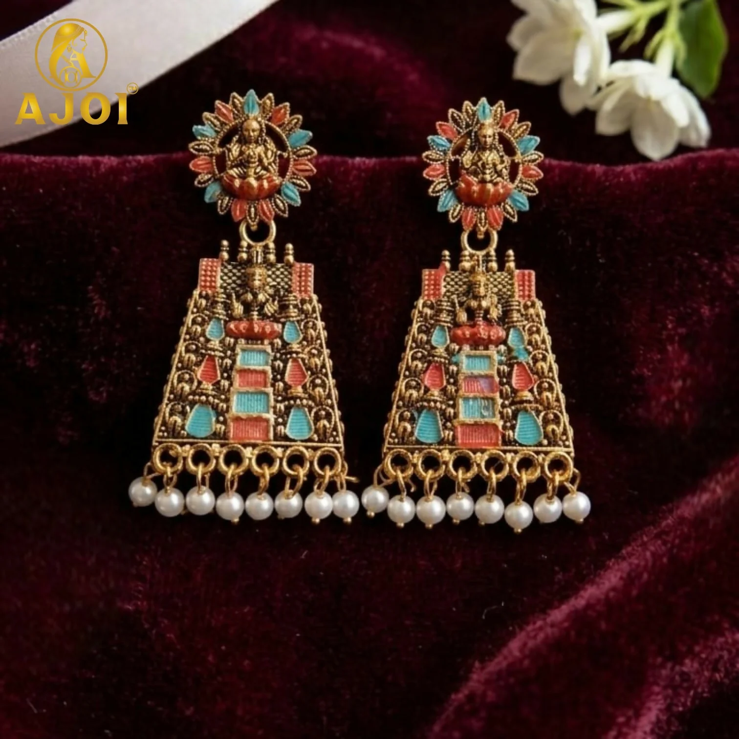 Colorful Lakshmi Temple Pearl Earrings – Ethnic Festive Jewelry - Image 3