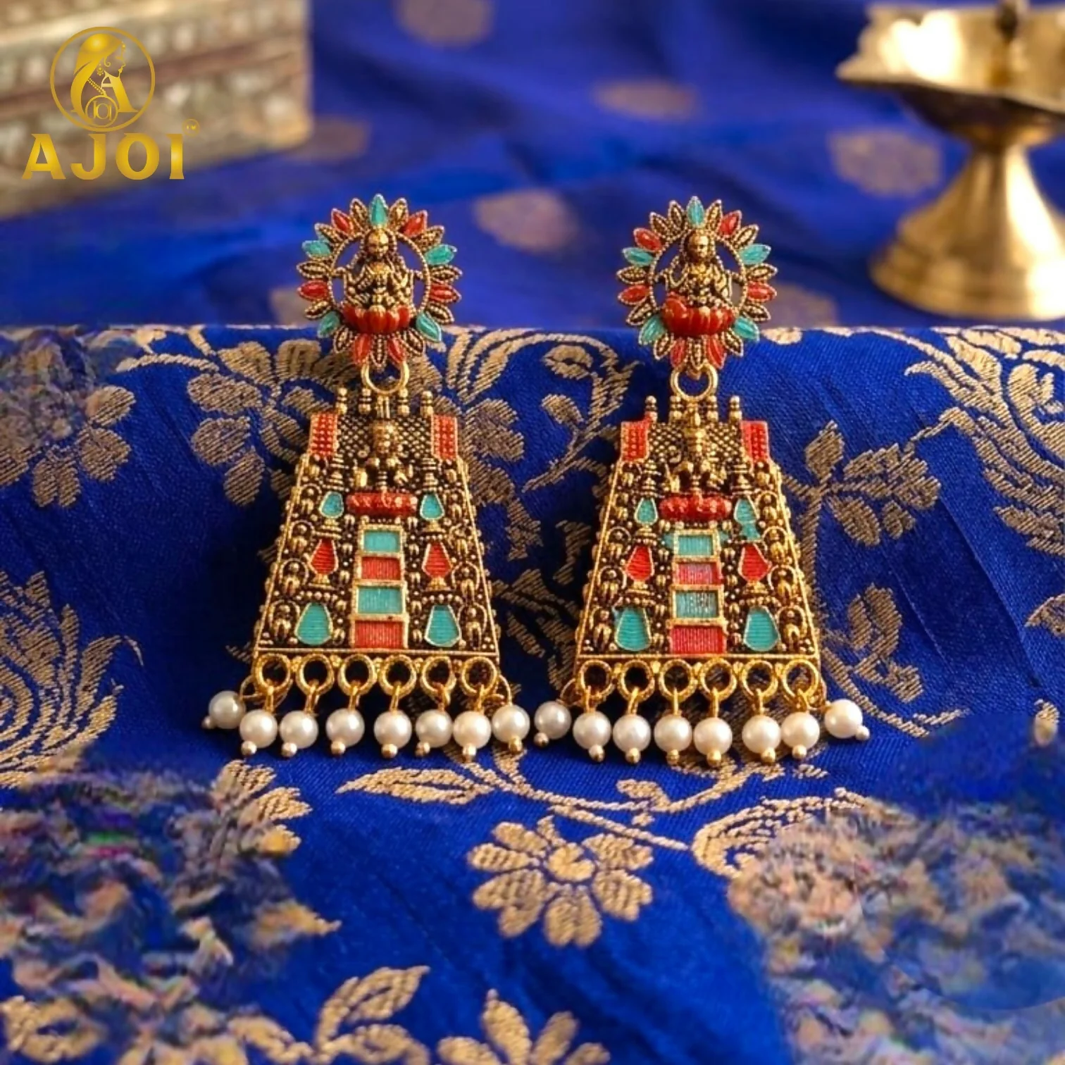 Colorful Lakshmi Temple Pearl Earrings – Ethnic Festive Jewelry - Image 4