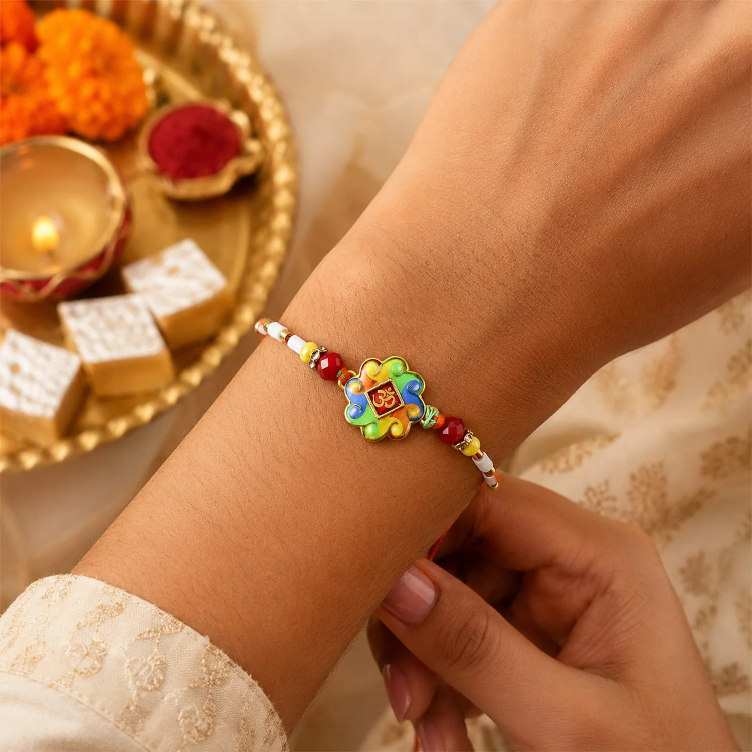 Colorful Om Rakhi – Vibrant Beaded Traditional Thread - Image 2