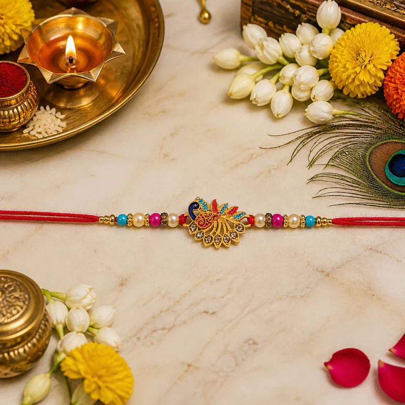 Peacock Rakhi – Elegant Stone Detailing with Red Thread - Image 6